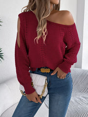 White Hollow Out Cold Shoulder Knit Sweater - TEVQA