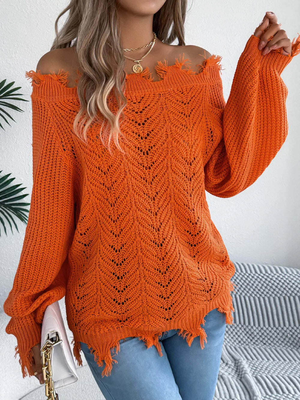 Distressed Off-Shoulder Knit Sweater - View 6 | TEVQA