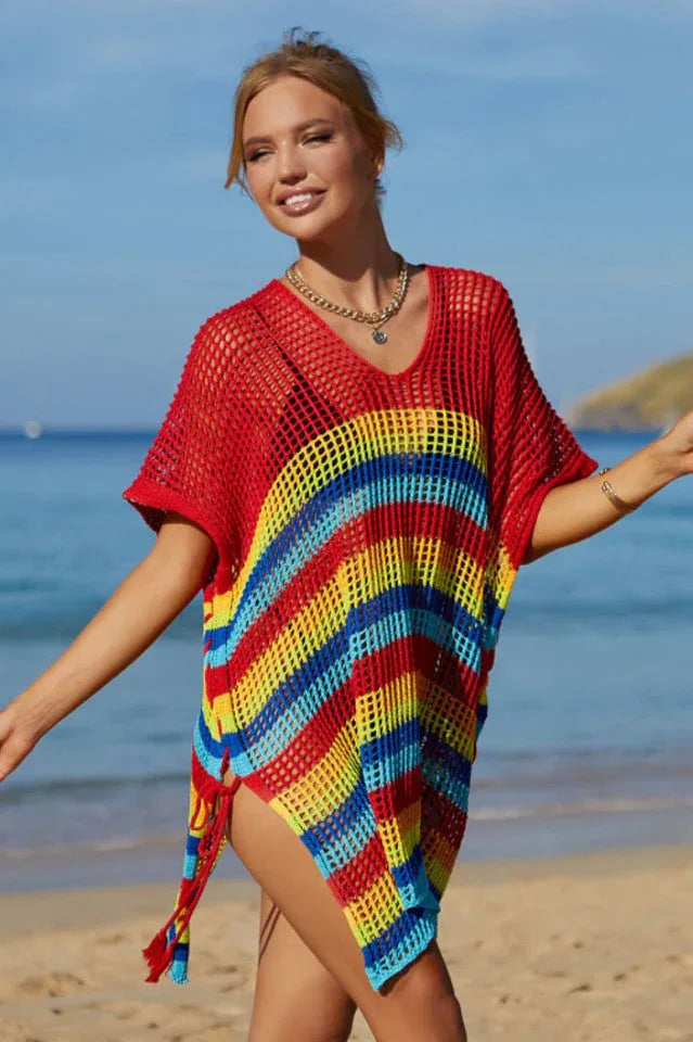 Rainbow Stripe Openwork Slit Cover Up - View 21 | TEVQA