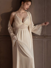 Lace Splicing Satin Robe & Slip Dress Set