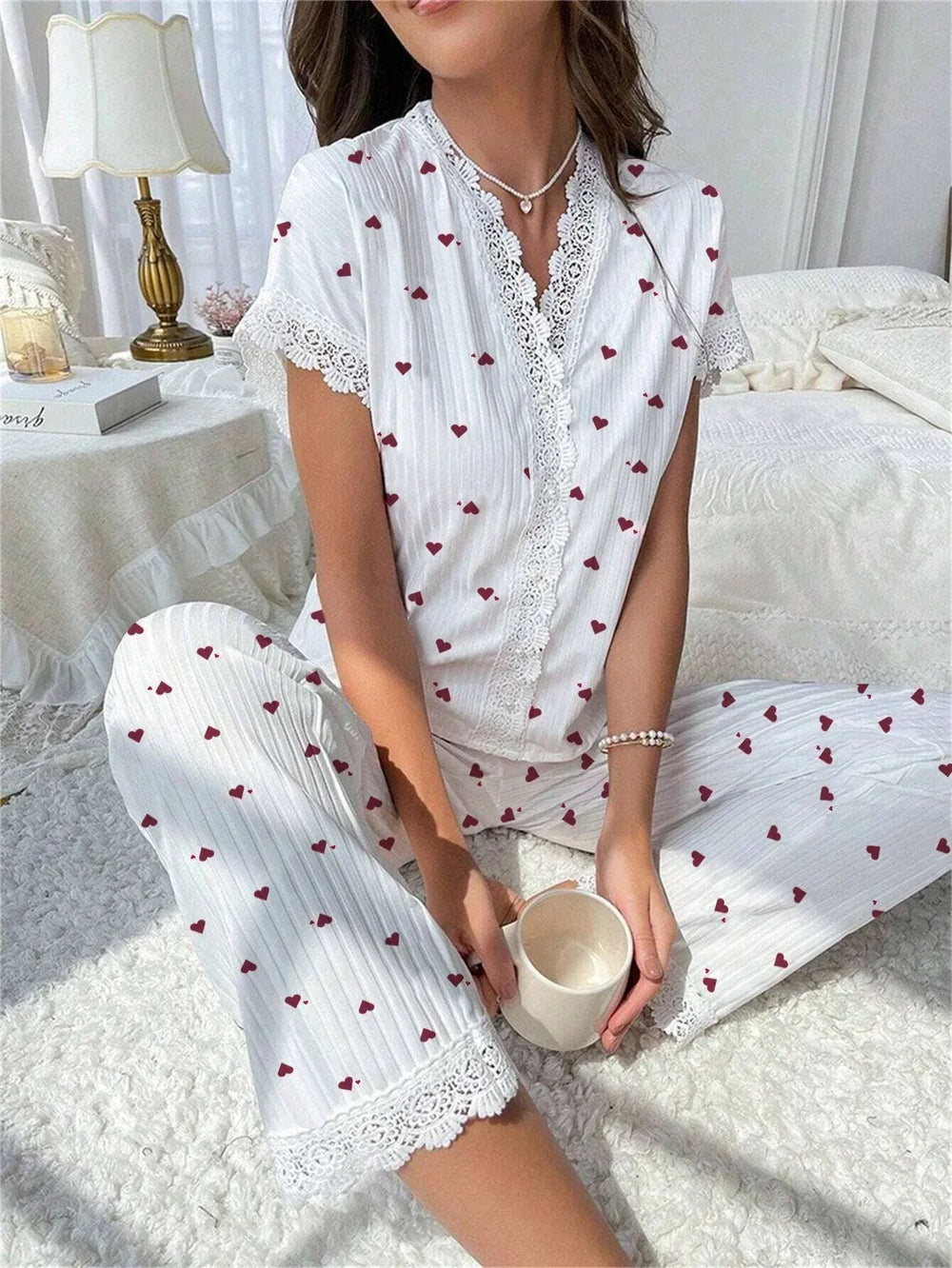 Cherry print ribbed pajama set with lace trim - View 10 | TEVQA