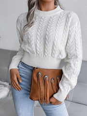 White Cable Knit Cinched Waist Crop Sweater - TEVQA