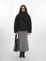 Minimalist Matte Black Puffer Jacket with Matching Scarf - TEVQA