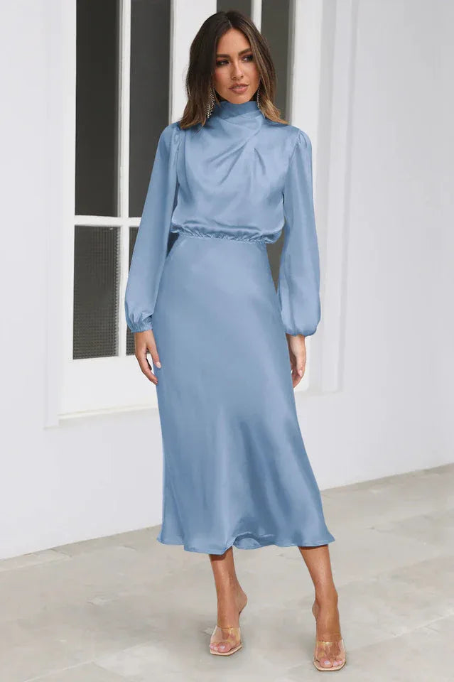 High Neck Satin Midi Dress - View 22 | TEVQA
