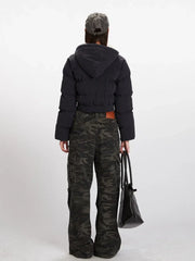 Textured Cropped Hooded Puffer Jacket - TEVQA