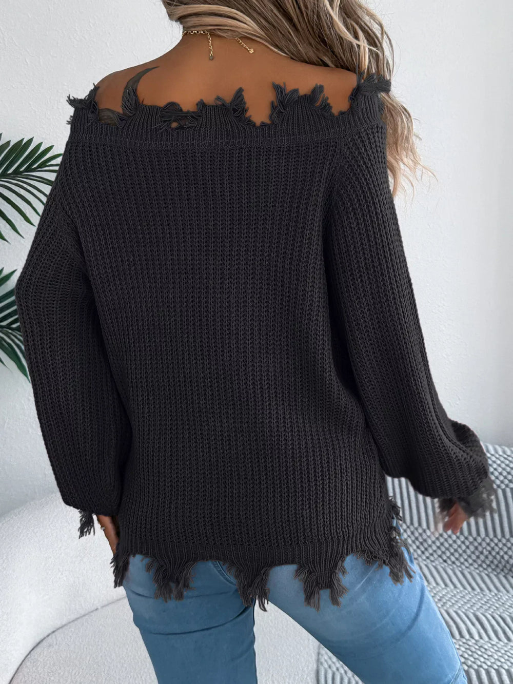 Distressed Off-Shoulder Knit Sweater - View 12 | TEVQA