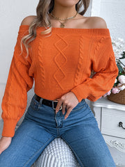 Khaki Off-Shoulder Cable Knit Sweater