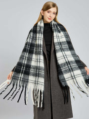 Women's Extra-Long Plaid Scarf Black & White Tartan Faux Mohair Wrap