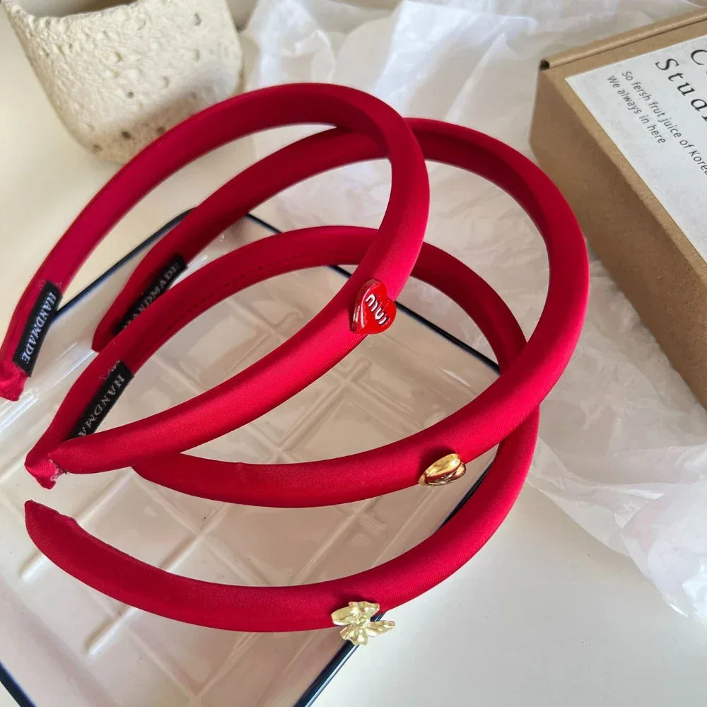 Slim Red Satin Headband with Charm Accent - TEVQA