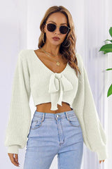 Ribbed knit crop sweater with tie neck - View 7 | TEVQA