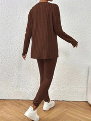 Back view of a woman wearing a brown ribbed knit loungewear set.