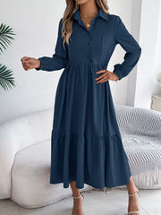 Navy Blue Ruffled Tiered Shirt Dress - View 7 | TEVQA