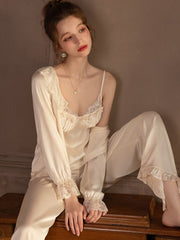 Lace Trim Satin 3-Piece Pajama Set