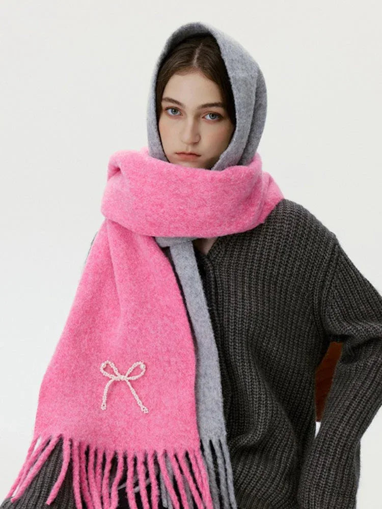 Wool Blend Pearl Bow Scarf - TEVQA