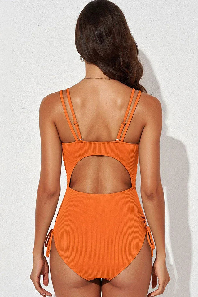 V Neck Pleated One Piece Swimsuit - TEVQA