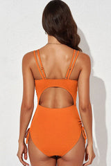 V Neck Pleated One Piece Swimsuit - TEVQA