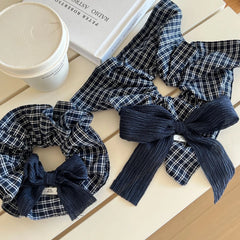 Oversized Preppy Plaid Scrunchie with Textured Bow (5.9 Inch)