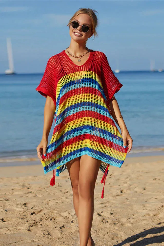 Rainbow Stripe Openwork Slit Cover Up - View 22 | TEVQA