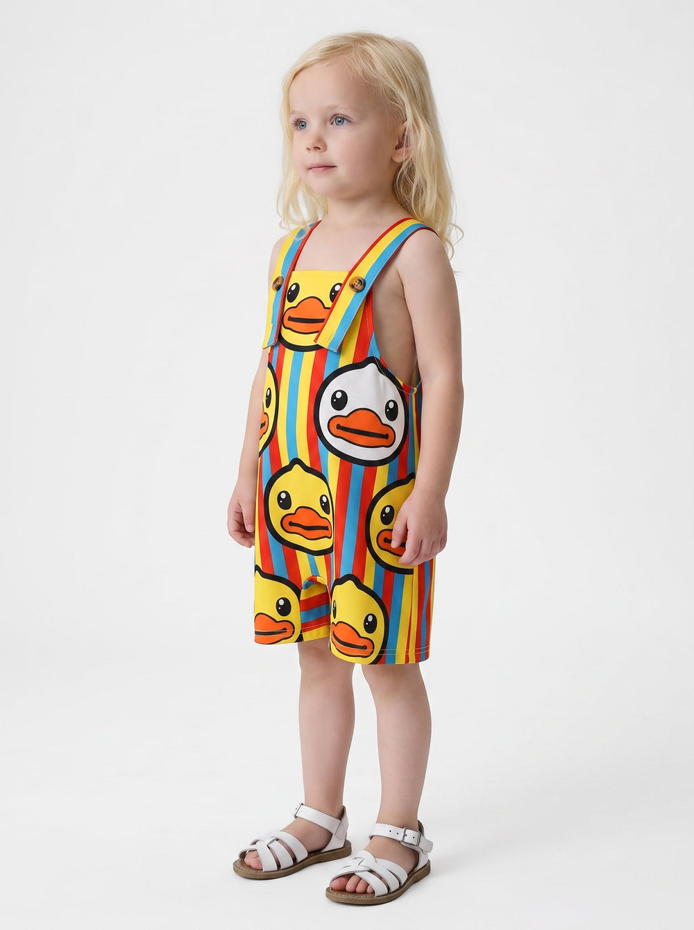 Side view of a child wearing a striped shortall with a duck graphic.