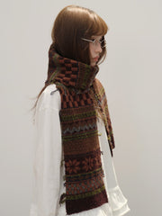Vintage Fair Isle Jacquard Knit Scarf Wool Blend Raw Edge - Brown Pattern