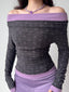 Front view of a woman in a grey and purple off-the-shoulder long-sleeve top, showing the neckline detail.