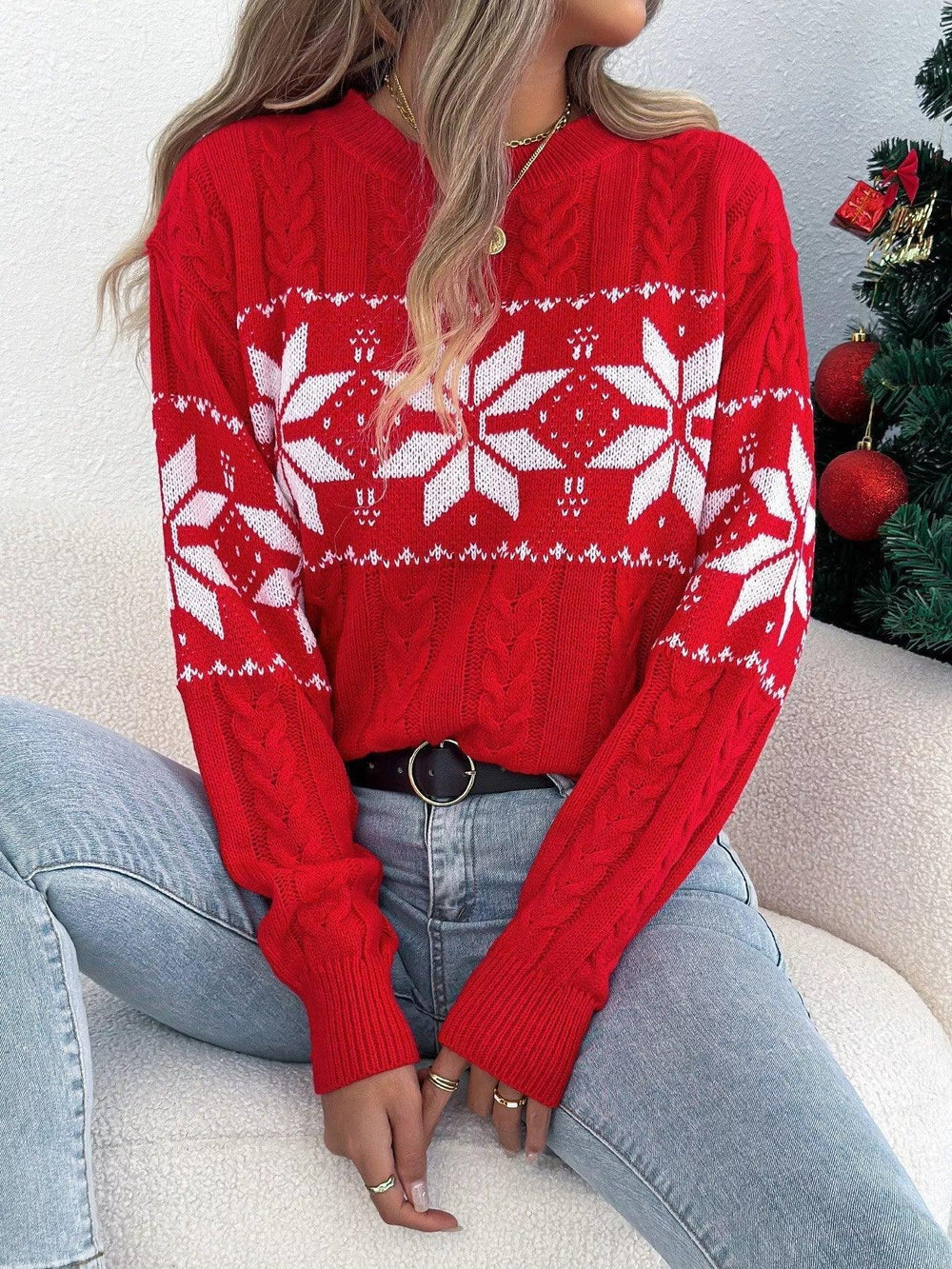 Emerald Green Snowflake Cable Knit Sweater - View 12 | TEVQA