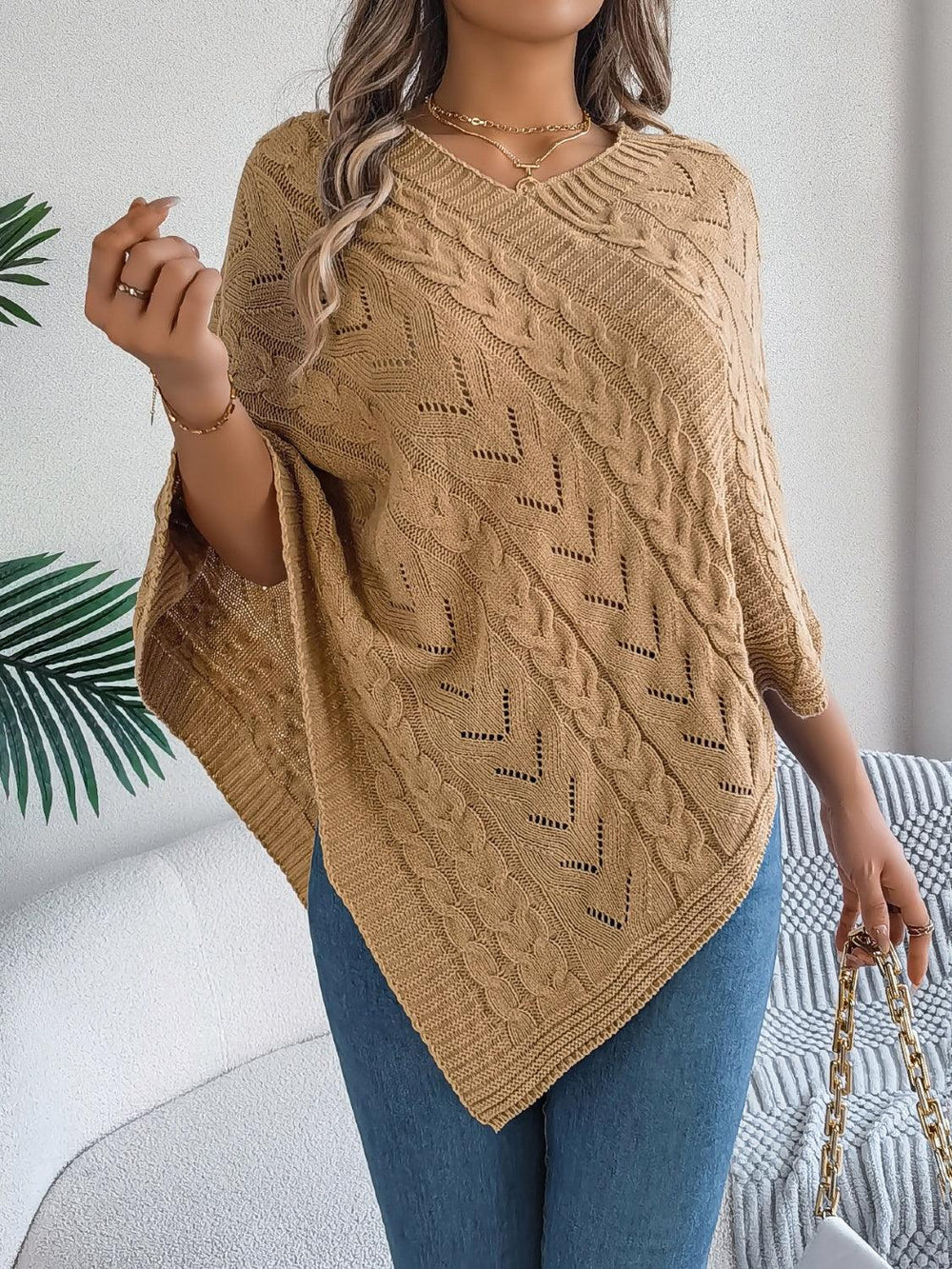 White Cable Knit V-Neck Poncho Sweater - TEVQA