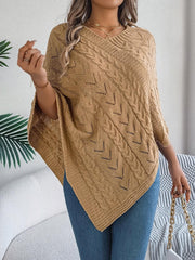 White Cable Knit V-Neck Poncho Sweater - TEVQA