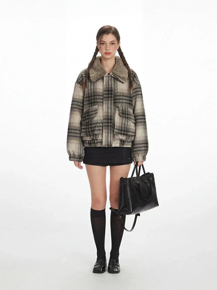 Vintage Plaid Faux Shearling Bomber Jacket - TEVQA
