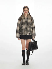 Vintage Plaid Faux Shearling Bomber Jacket - TEVQA