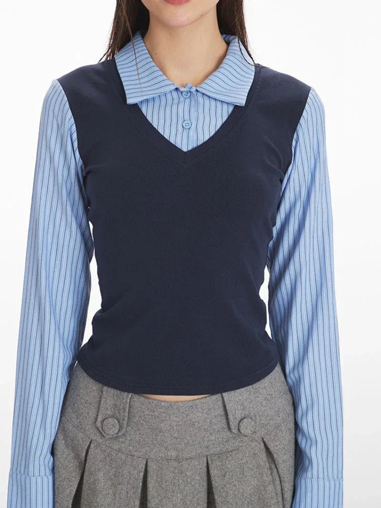 Preppy Faux Two-Piece Layered Top - TEVQA