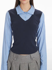 Preppy Faux Two-Piece Layered Top - TEVQA