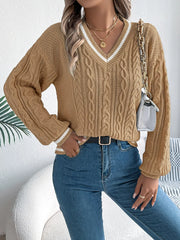 Cable Knit V-Neck Sweater - View 11 | TEVQA