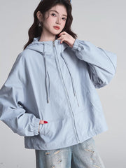 Hooded Zip-Up Windbreaker Jacket Light Blue