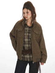 Vintage Herringbone Tweed Zip Jacket - TEVQA