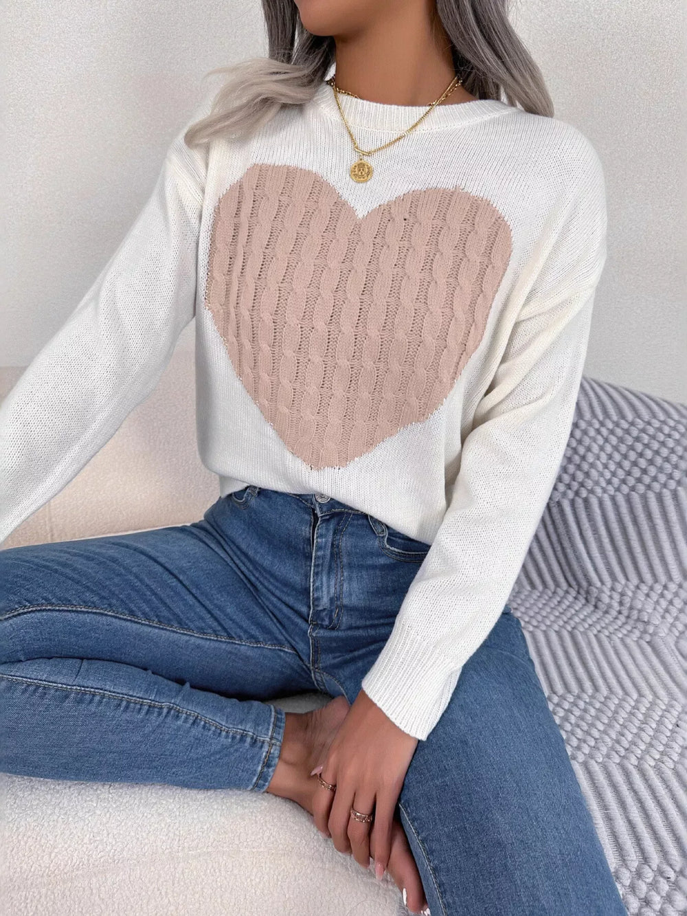 Grey and white cable knit heart sweater - View 6 | TEVQA