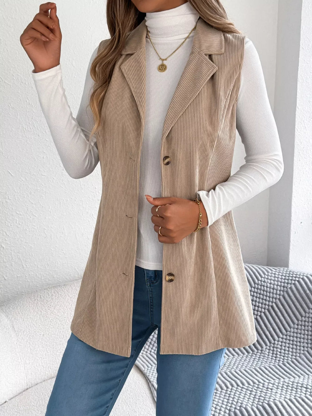 Beige Corduroy Button Down Vest - TEVQA
