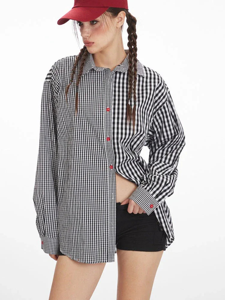 Vintage Inspired Mixed Gingham Oversized Button-Down Shirt - TEVQA