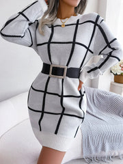 Green windowpane plaid knit sweater dress with crew neckline and long sleeves - View 6 | TEVQA