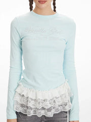 Rhinestone Long Sleeve Top with Lace Trim - View 6 | TEVQA