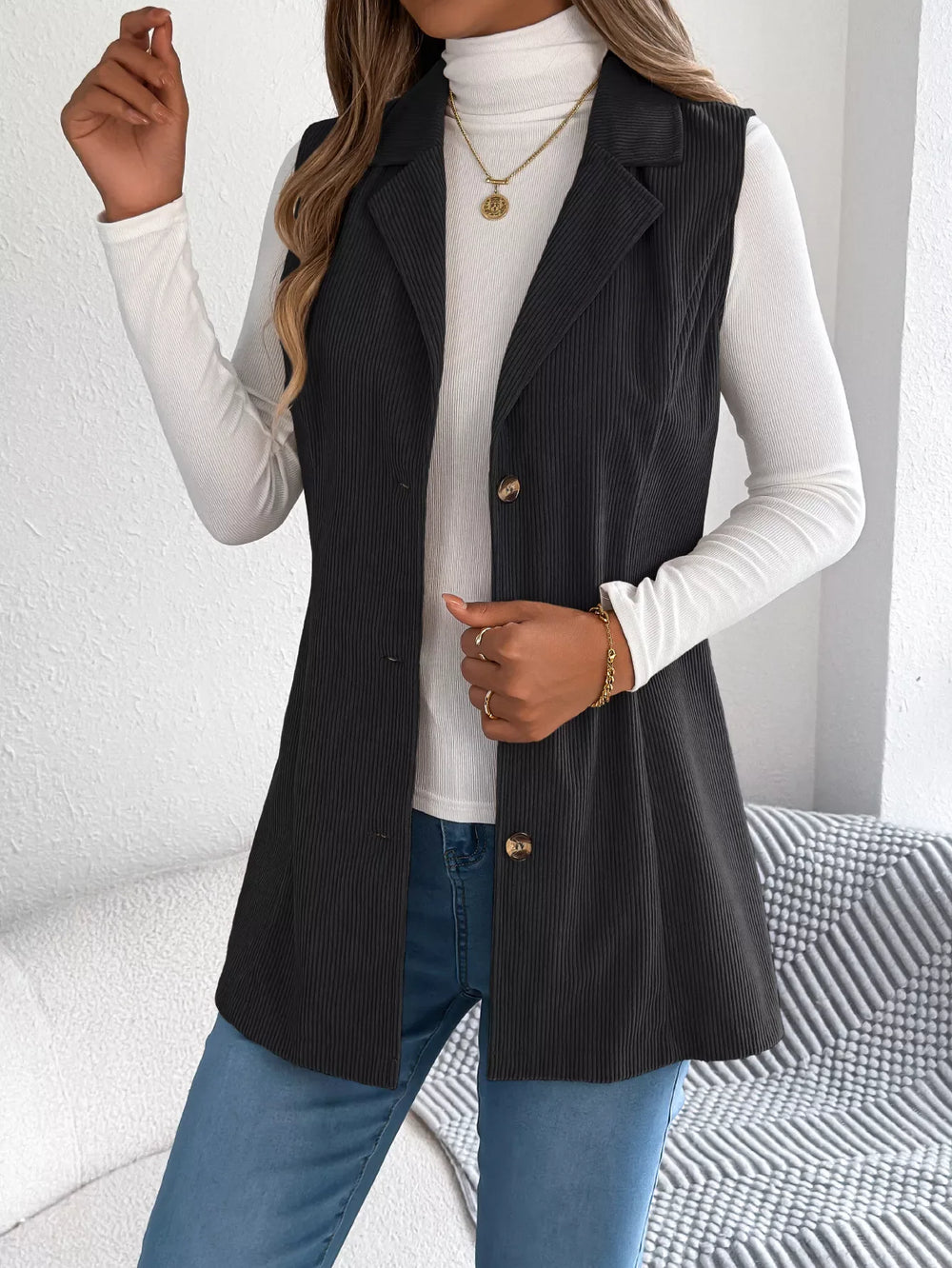 Beige Corduroy Button Down Vest - TEVQA