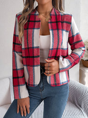 Chic Navy Blue Plaid Cropped Jacket