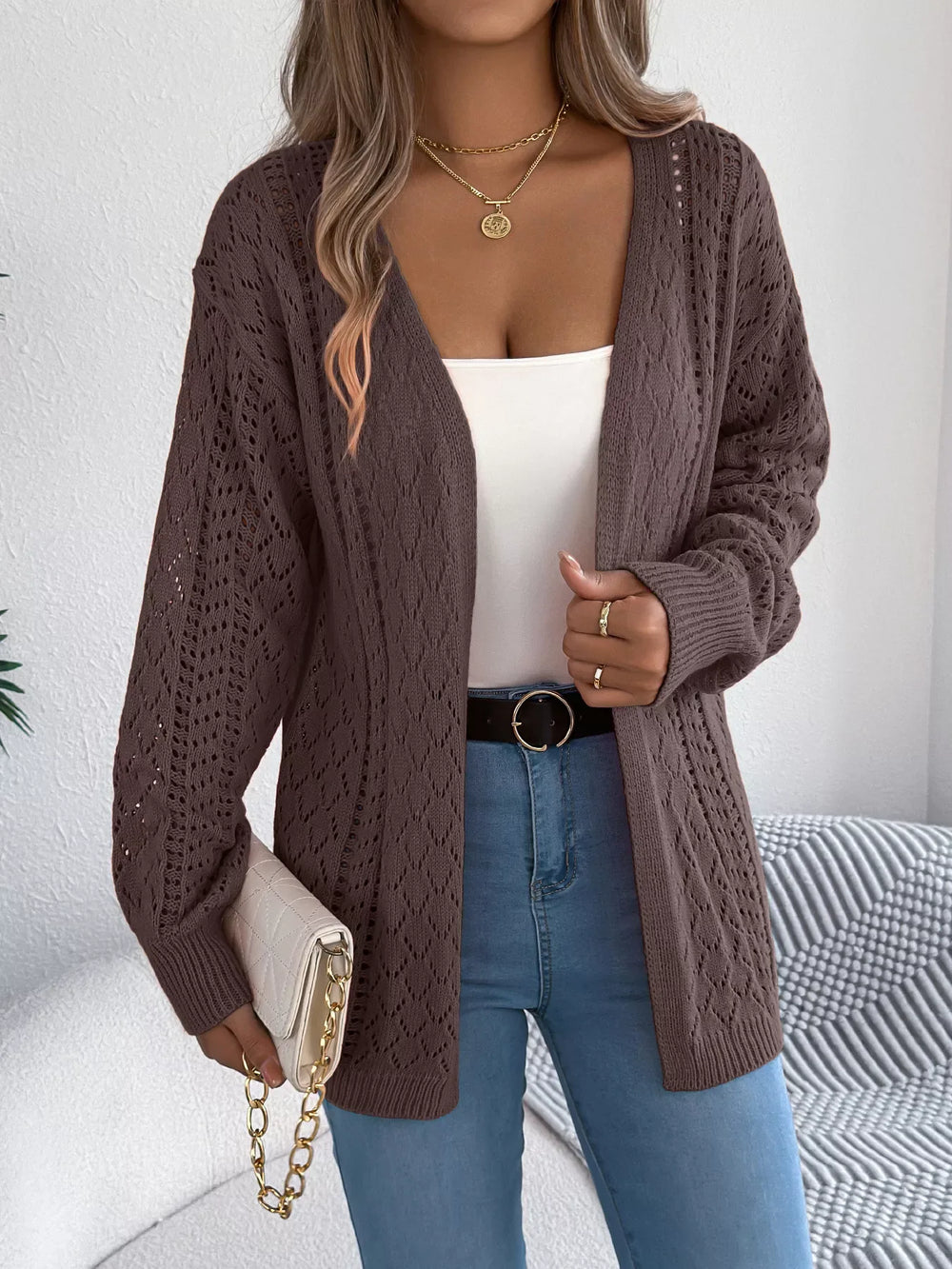 Pointelle Knit Cardigan - View 12 | TEVQA