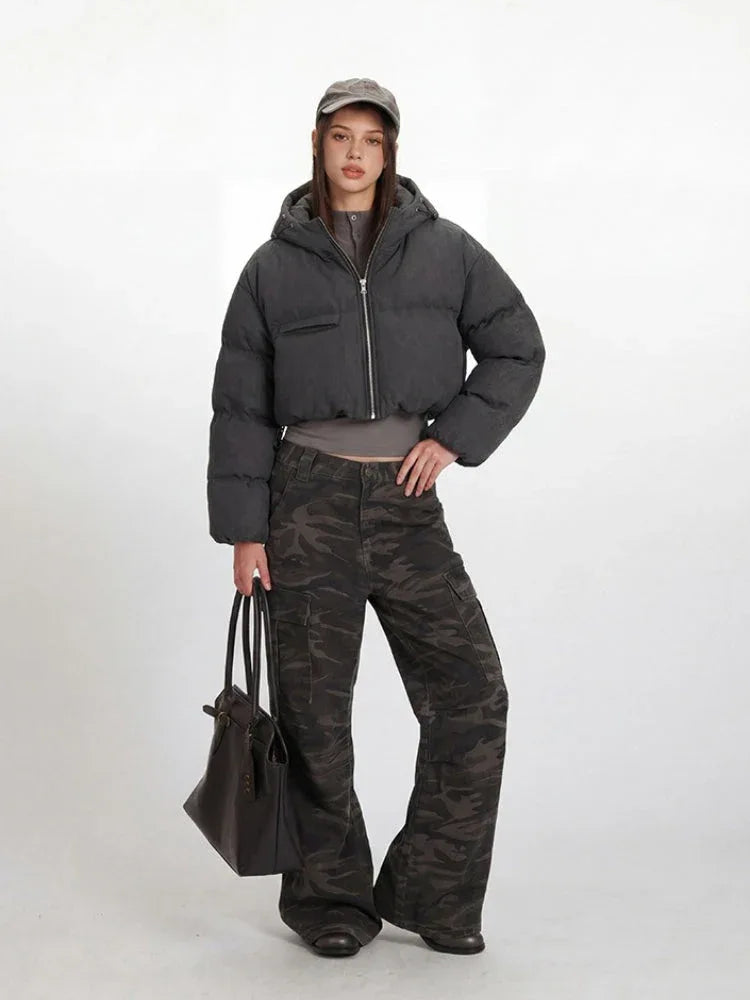 Gorpcore Grey Wool-Texture Cropped Puffer Jacket - TEVQA