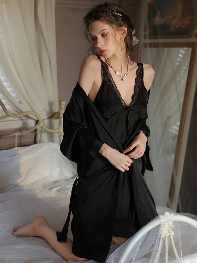 White Lace Trim Satin Slip Dress & Robe Set - TEVQA