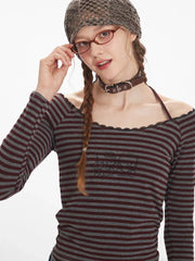 Vintage Burgundy Striped Off-Shoulder Top - TEVQA