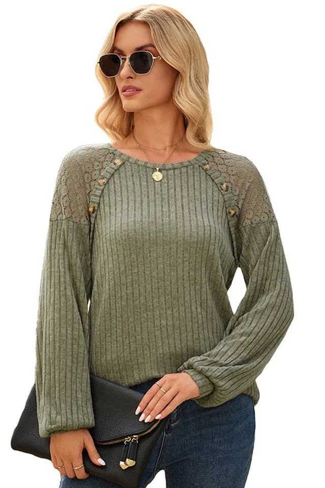 Ribbed knit crew neck top with lace detail - View 9 | TEVQA