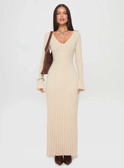 Cream ribbed long sleeve maxi dress with tie waist - View 7 | TEVQA