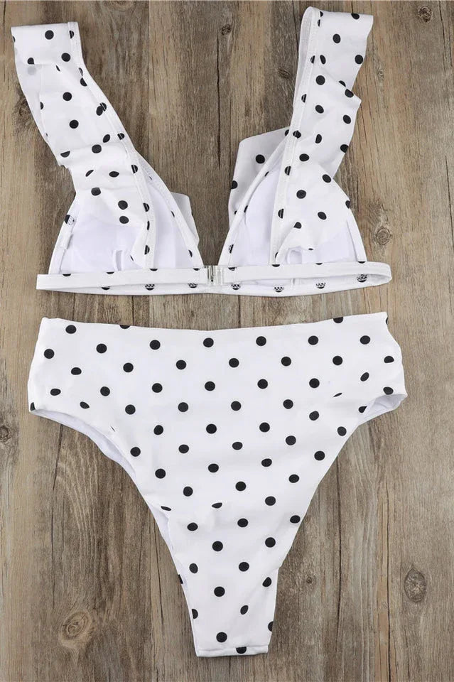 High Waist Polka Dot Bikini with Ruffle Trim - View 11 | TEVQA