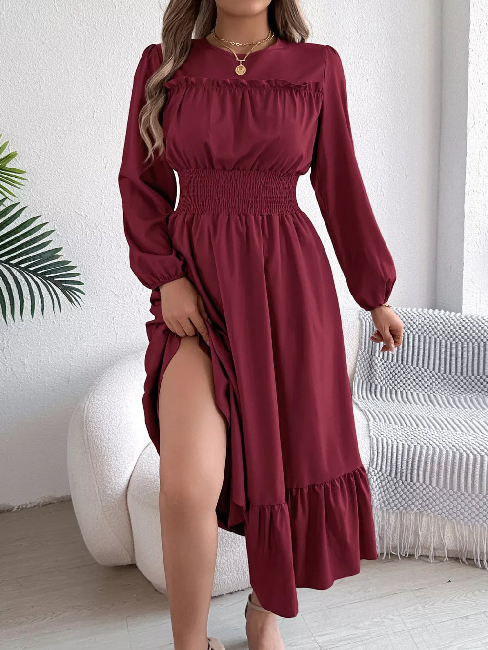 Emerald Green Ruffle Smocked Waist Maxi Dress - View 9 | TEVQA